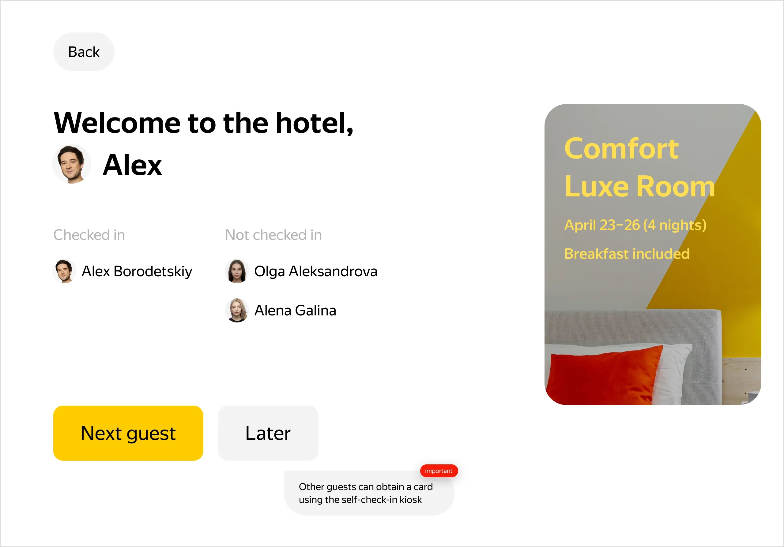 Examples of self-check-in kiosk screens. The main idea was to provide the ability to bypass reception, check-in, and receive a room key card