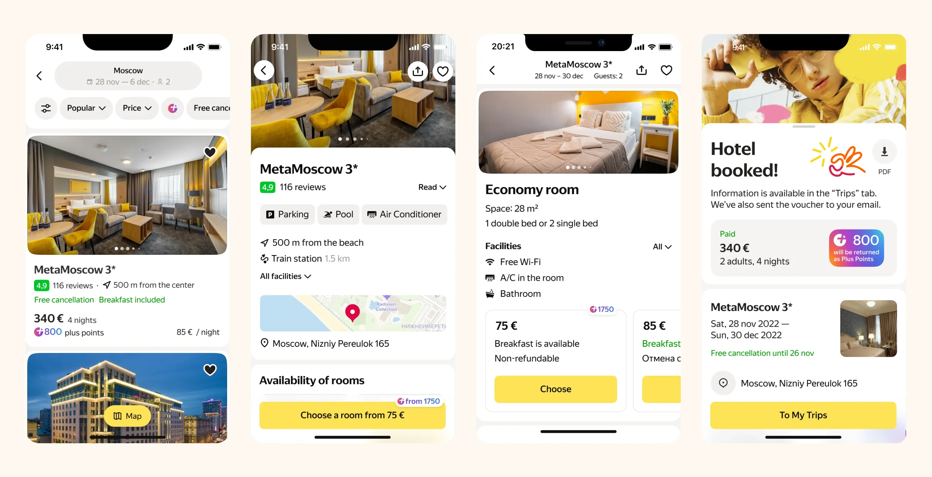Unlike the web version, we decided to split the hotel selection process into two stages: choosing a hotel and selecting a room on separate pages. This approach reduces cognitive load and allows users to first focus on exploring the hotel and then proceed to choose a room.