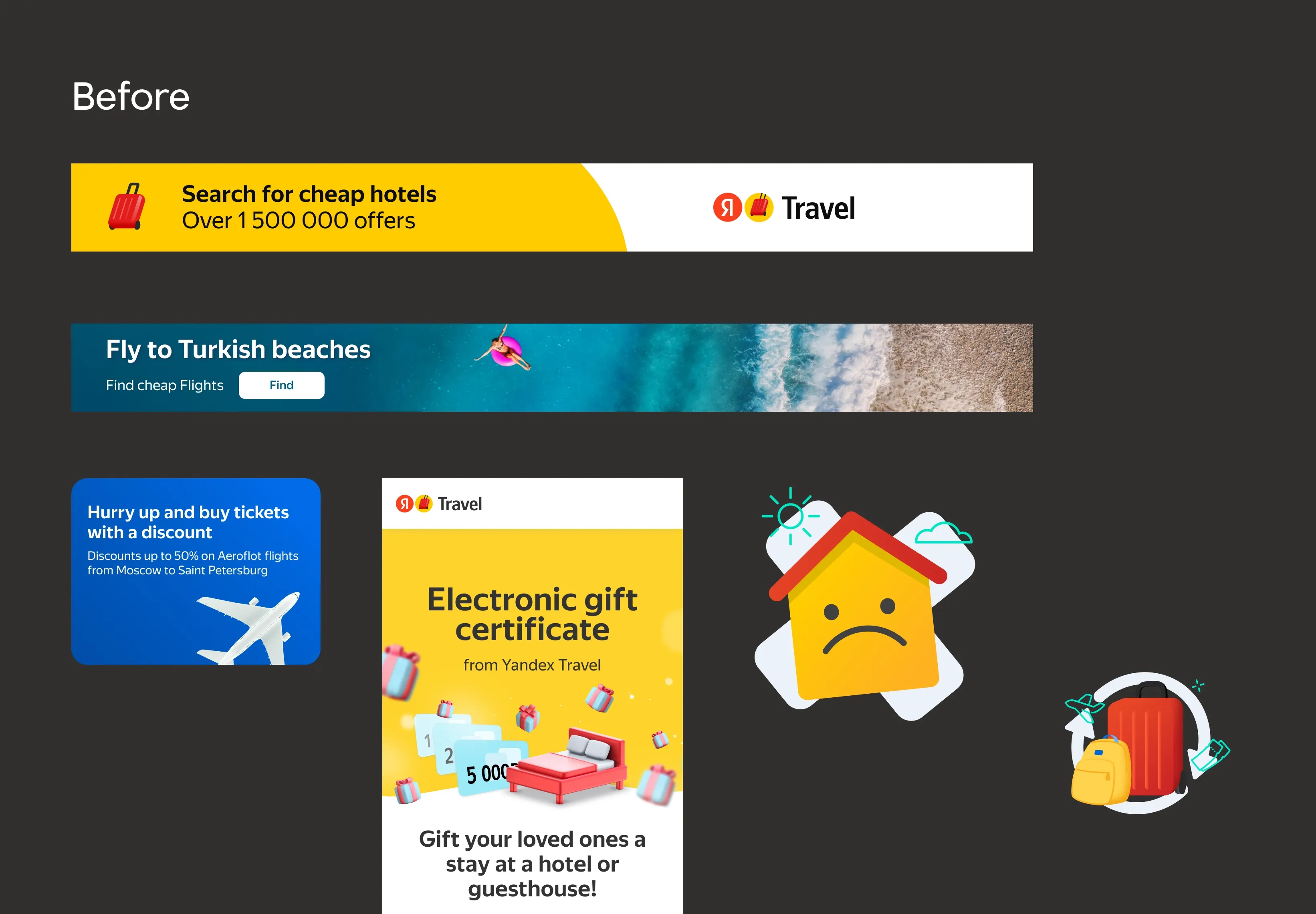 This is what the various advertising formats looked like when I joined the service. The style was very inconsistent, with no system or logic behind the creation of the visuals.

My team and I initiated the rebranding process, focusing heavily on positioning and other strategic aspects, with design being more of a final stage in the process.